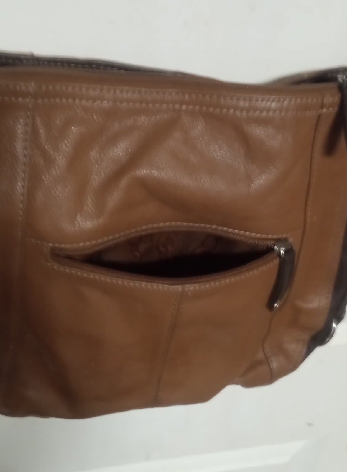 Tignanello Leather 2 Tone Brown Silver Studs Accents Pockets Crossbody Bag - Thumbnail 7