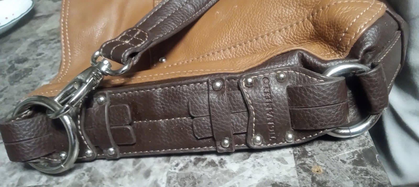 Tignanello Leather 2 Tone Brown Silver Studs Accents Pockets Crossbody Bag - Thumbnail 6