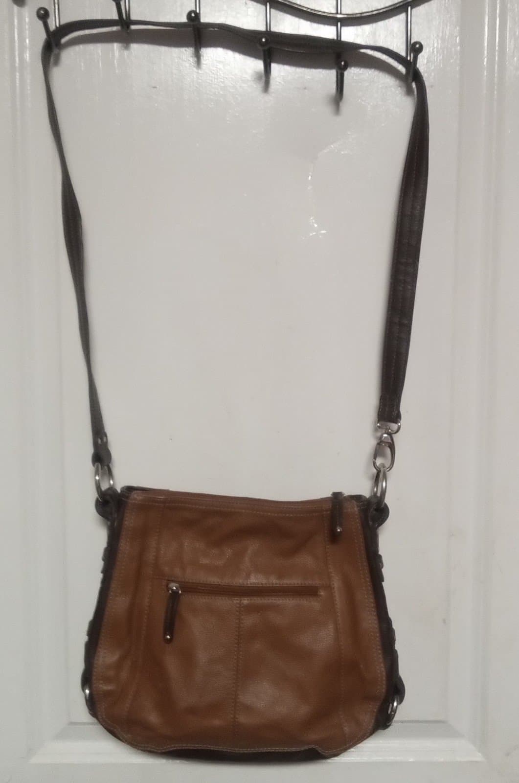 Tignanello Leather 2 Tone Brown Silver Studs Accents Pockets Crossbody Bag - Thumbnail 3