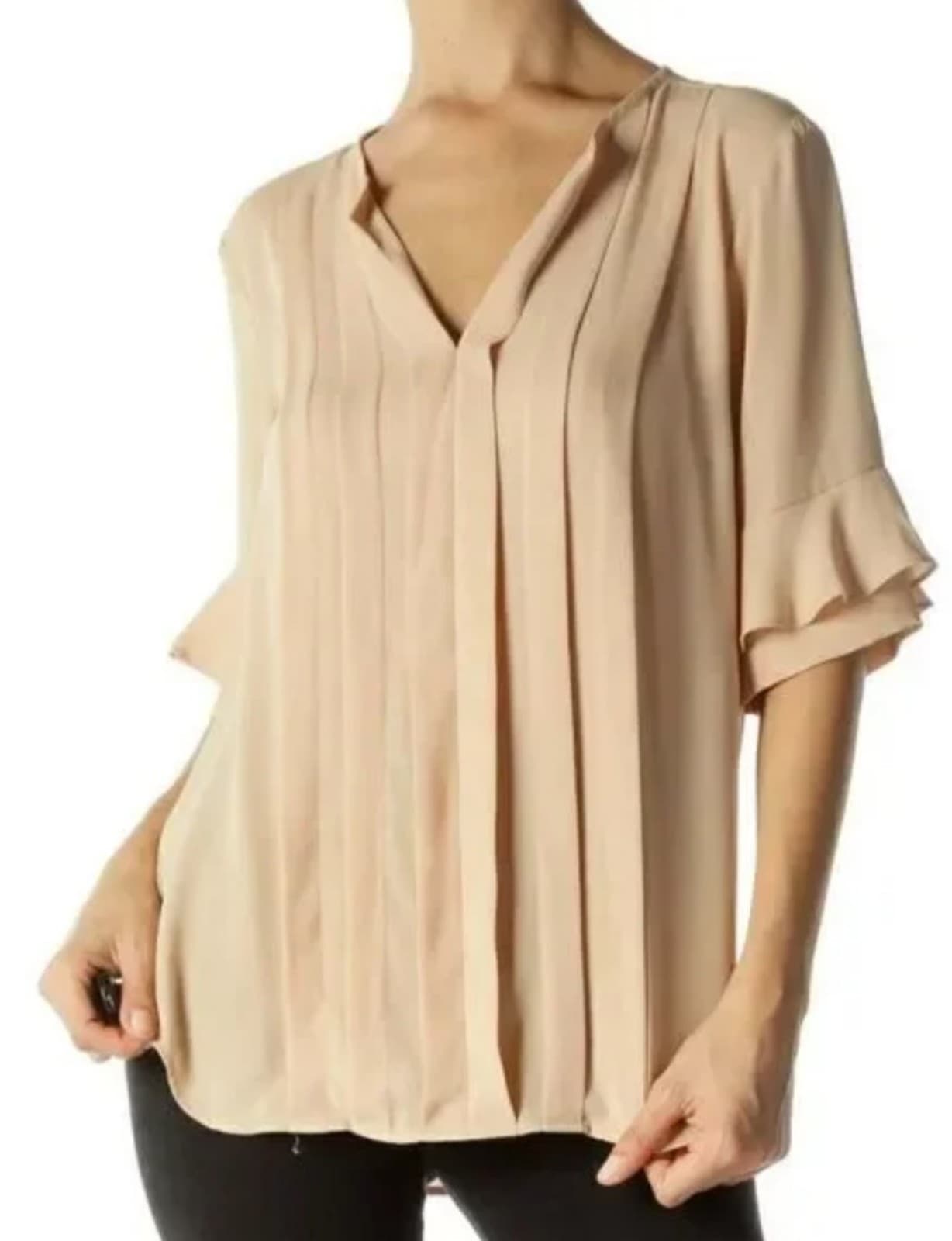 Ann Taylor Beige Pleated Ruffled Sleeve Blouse - Image 1