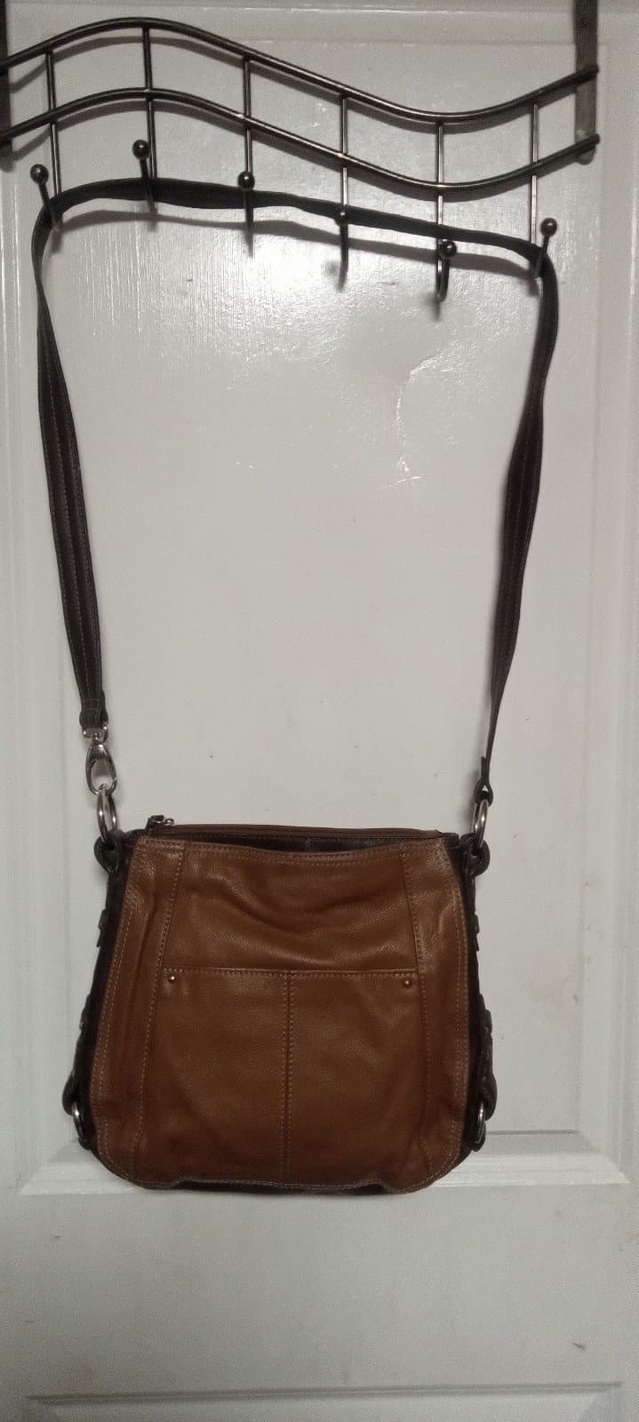 Tignanello Leather 2 Tone Brown Silver Studs Accents Pockets Crossbody Bag - Thumbnail 2