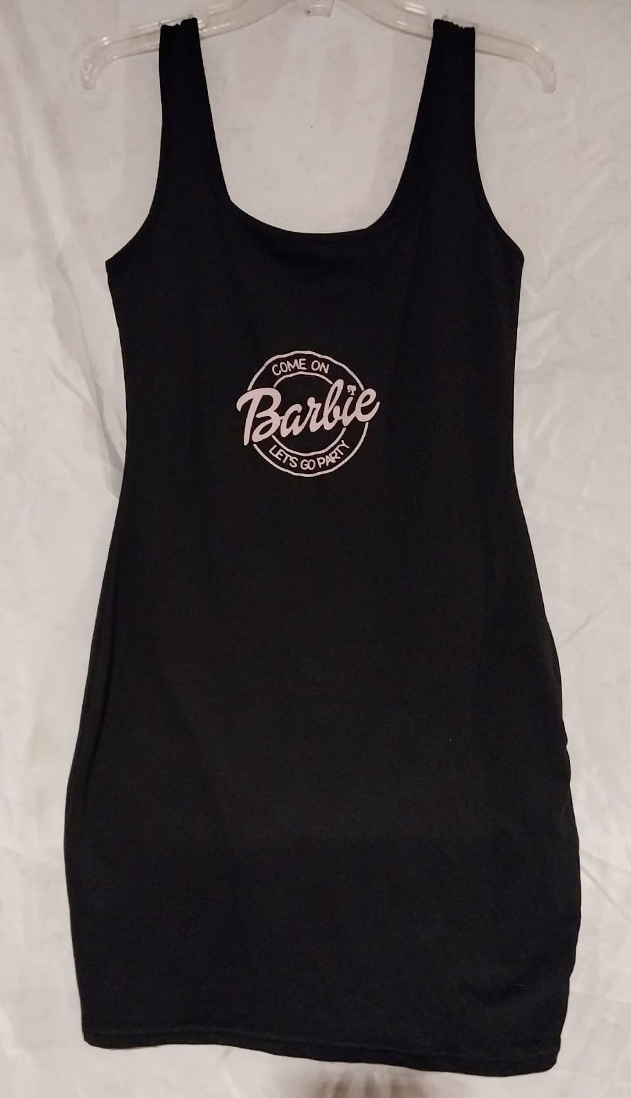 "Come on, Barbie, Let's Go Party". Black Tank Dress With Pink Words.Size 8/10 - Image 1
