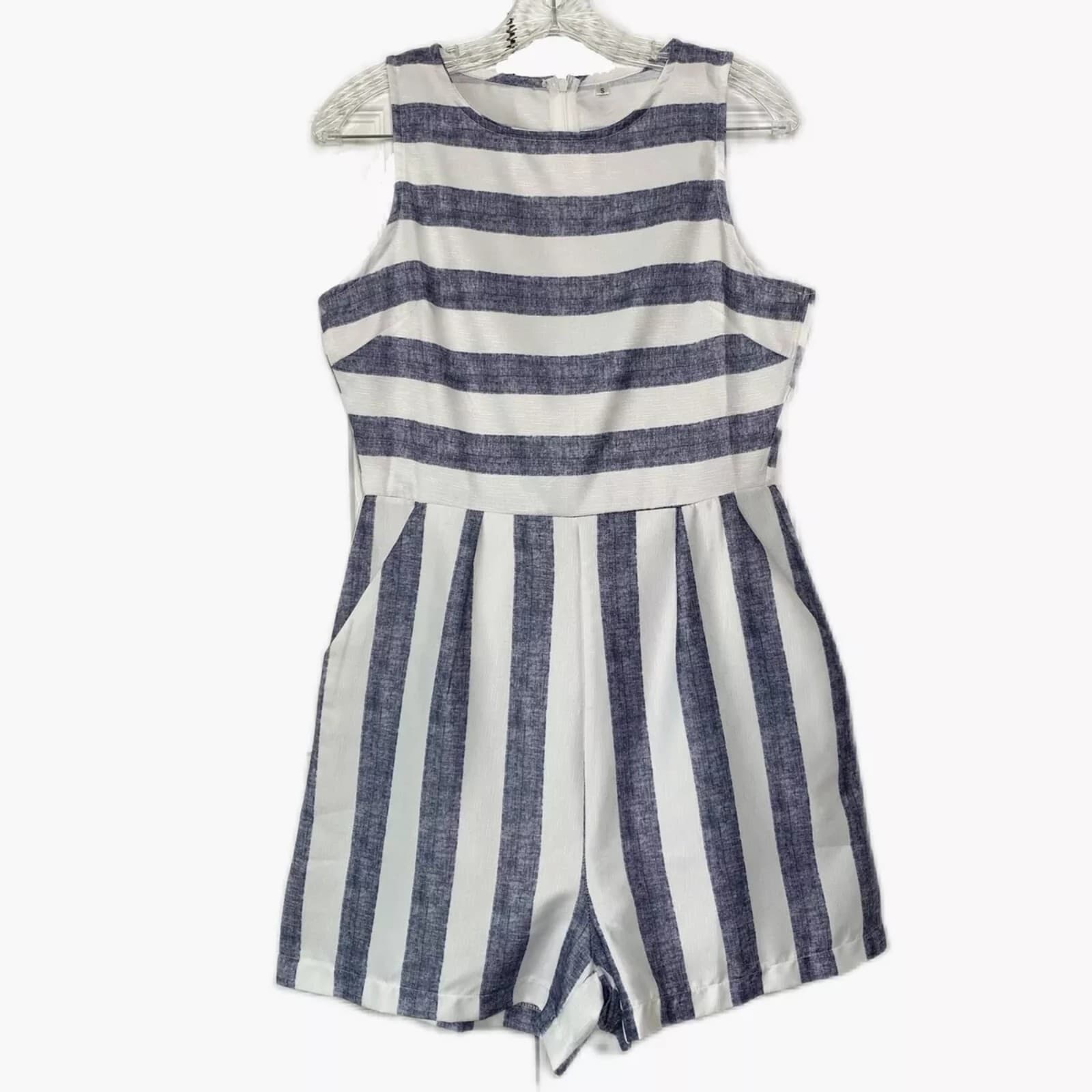 Sleeveless Romper White Blue Stripe Shorts Set Jumper w Pockets Size Small - Image 1