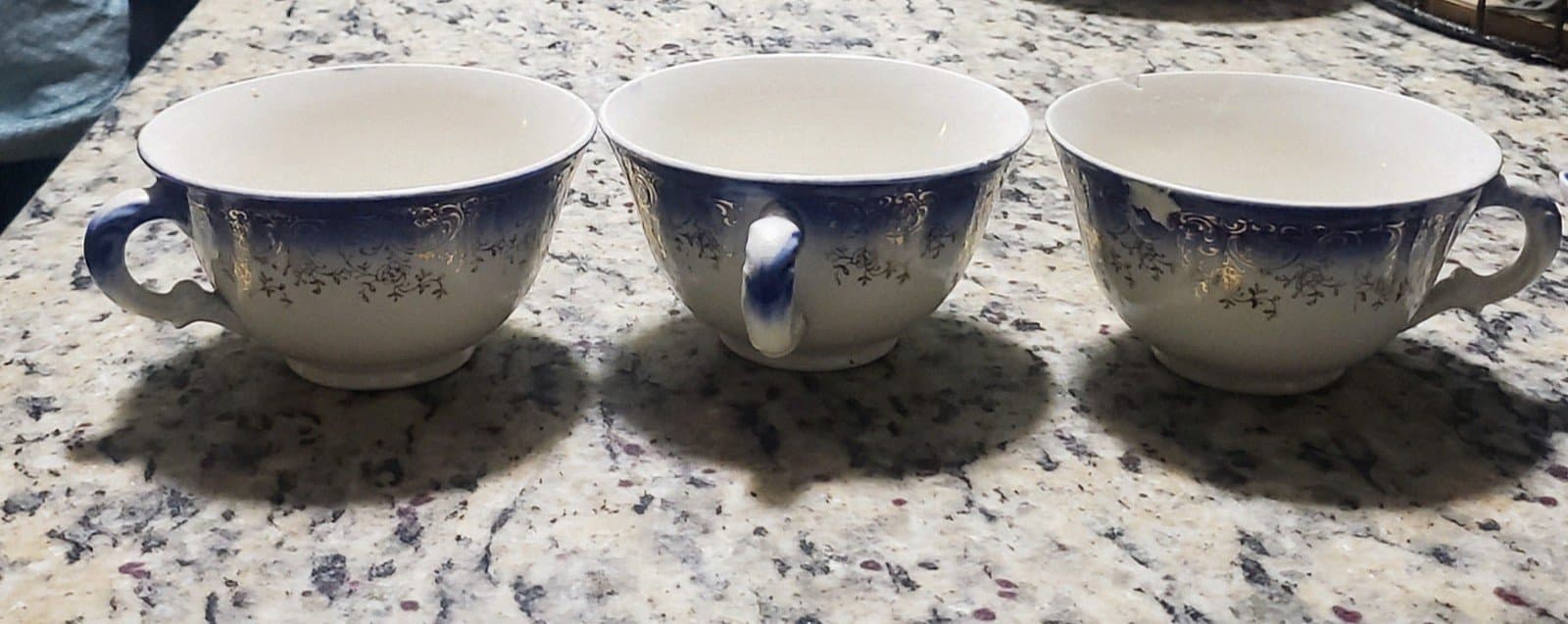 3 French Saxon Tea Cups-Flow Blue with 22kt. Gold accent. - Image 1
