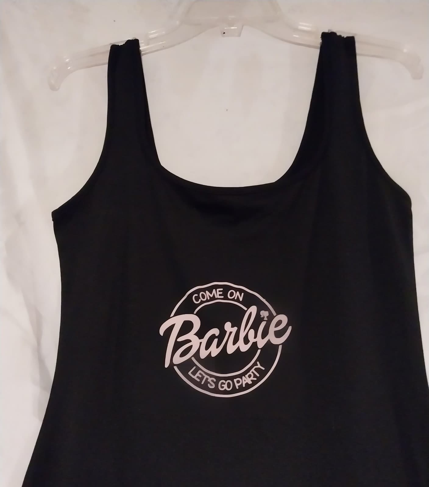"Come on, Barbie, Let's Go Party". Black Tank Dress With Pink Words.Size 8/10 - Thumbnail 2