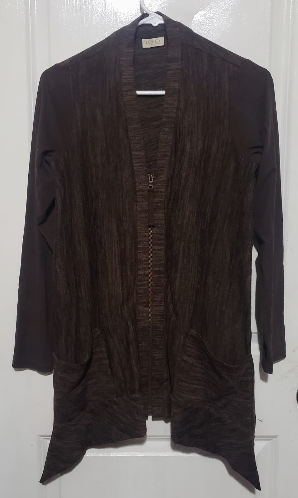 LOGO Lori Goldstein Medium Brown Knit Zip Up Cardigan Sweater Jacket - Image 1