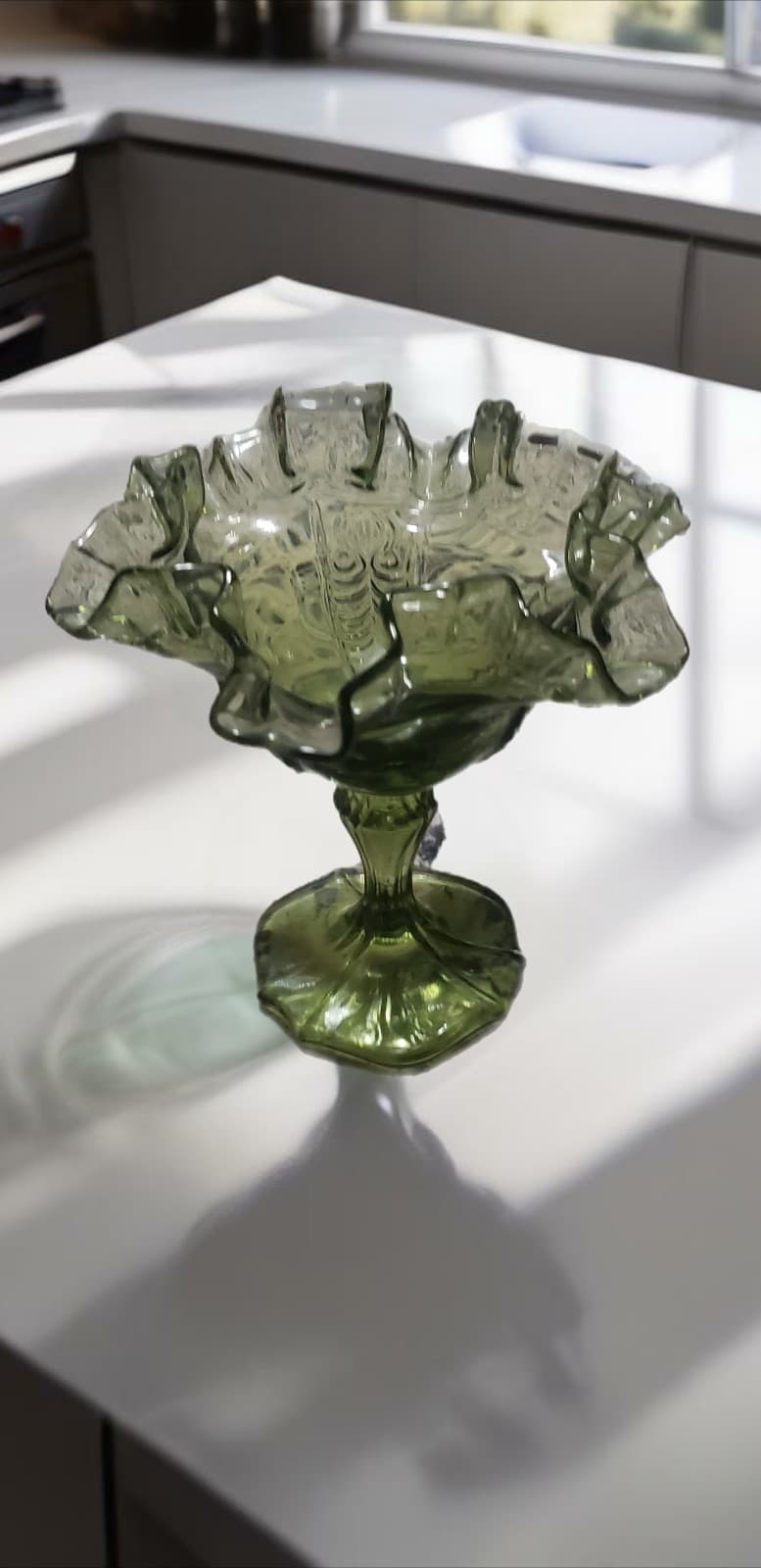 1960s Fenton Art Glass Thumbprint Colonial Green Round Compote. Height 6" - Thumbnail 2