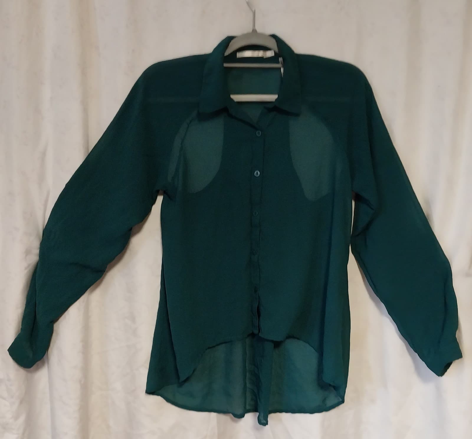 Sheer Green Blouse. Solid Button Front Longsleeve. - Image 1