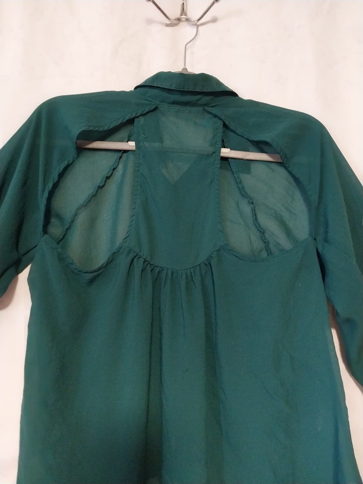 Sheer Green Blouse. Solid Button Front Longsleeve. - Thumbnail 5