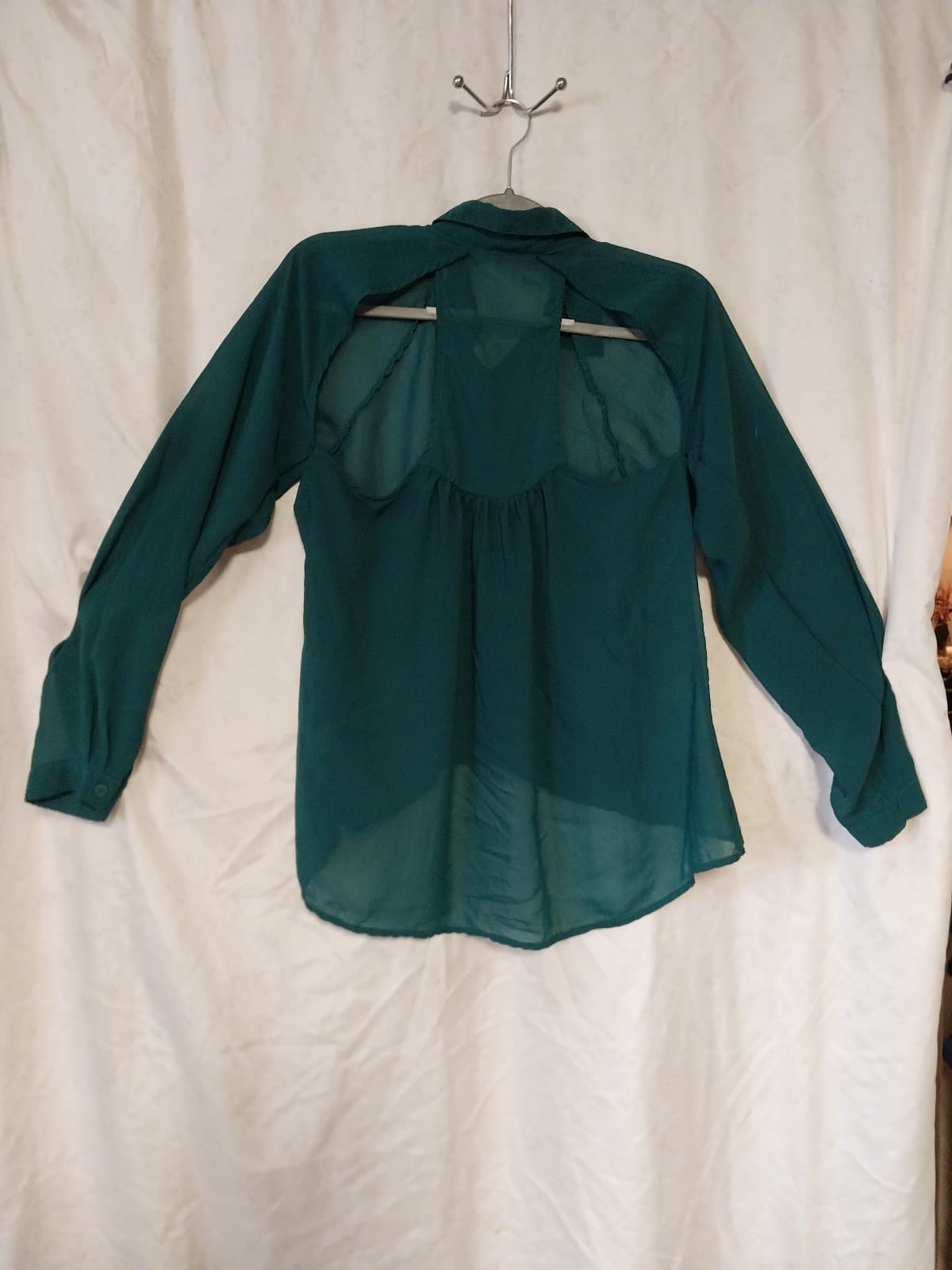 Sheer Green Blouse. Solid Button Front Longsleeve. - Thumbnail 4