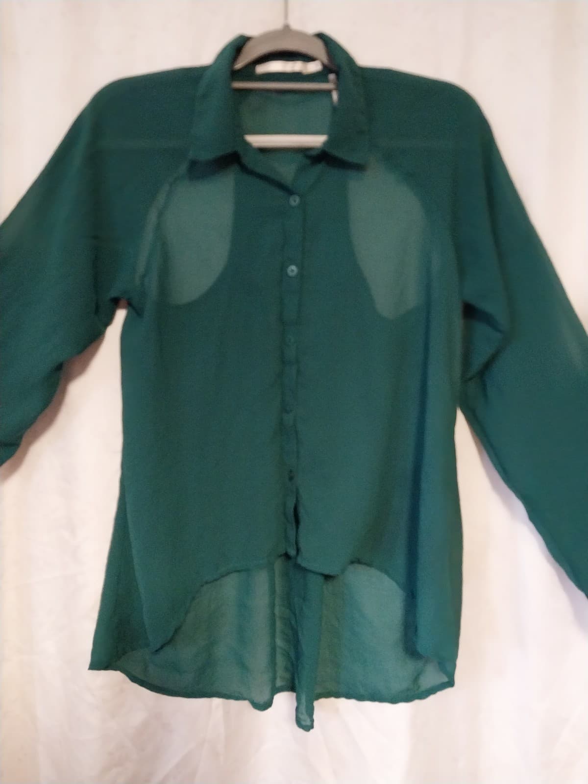 Sheer Green Blouse. Solid Button Front Longsleeve. - Thumbnail 2