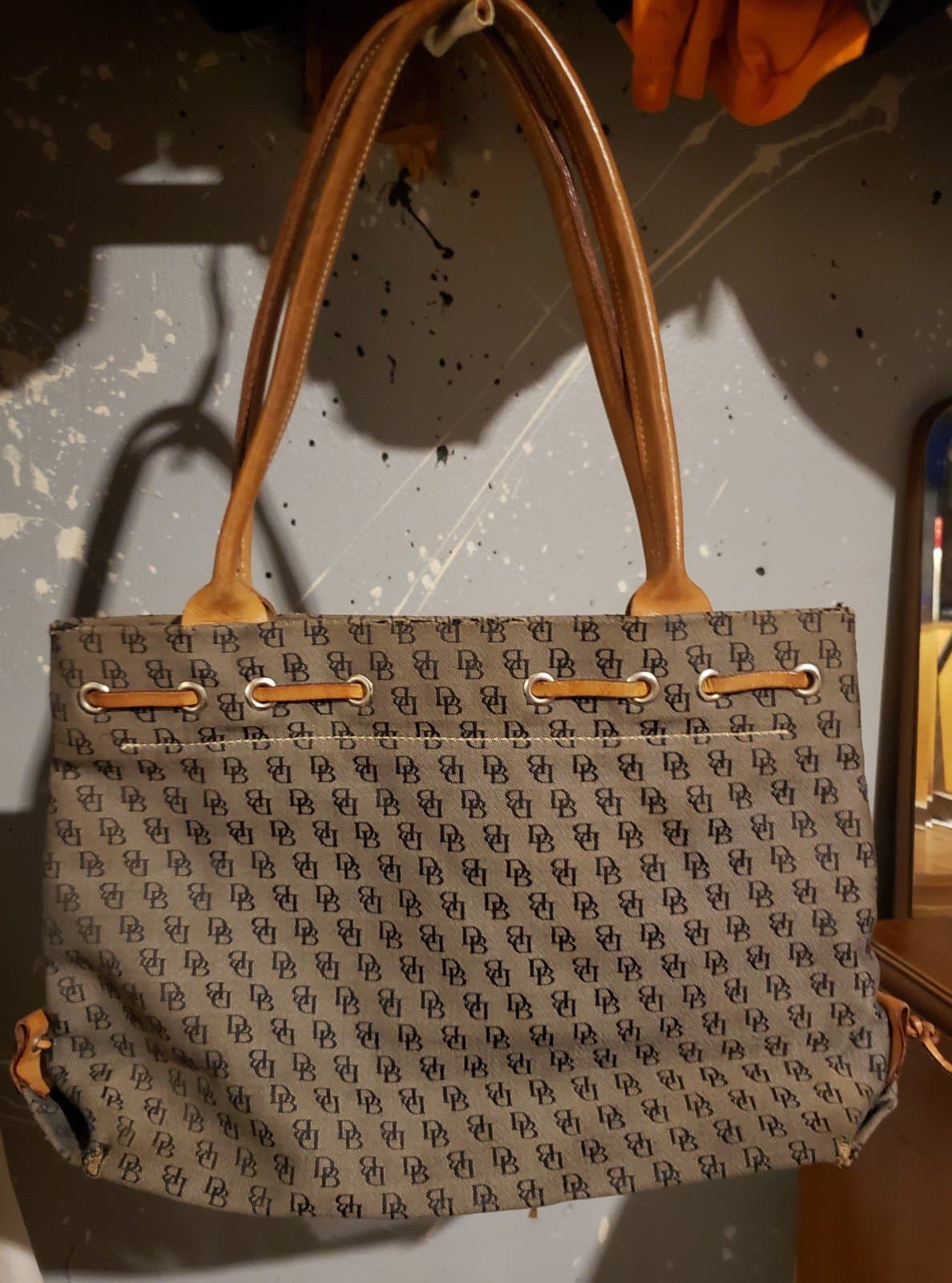 Dooney and Bourke Monogrammed Grey Tote with Brown Leather Tassel Shoulder Bag - Thumbnail 3