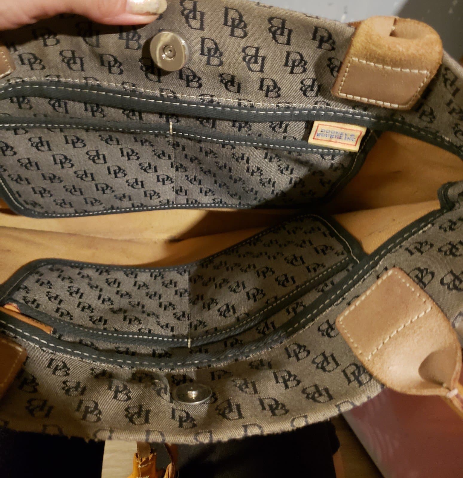 Dooney and Bourke Monogrammed Grey Tote with Brown Leather Tassel Shoulder Bag - Thumbnail 4