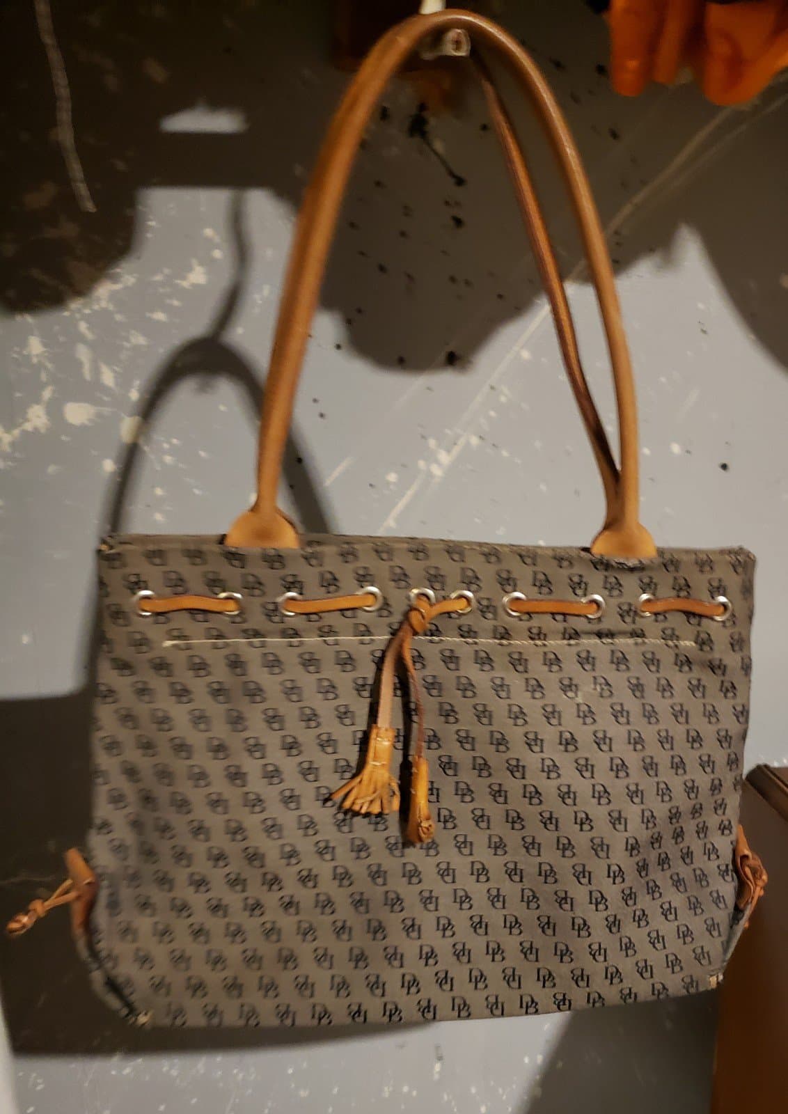 Dooney and Bourke Monogrammed Grey Tote with Brown Leather Tassel Shoulder Bag - Image 1