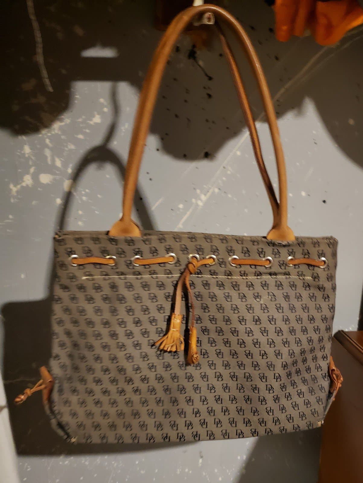 Dooney and Bourke Monogrammed Grey Tote with Brown Leather Tassel Shoulder Bag - Thumbnail 2