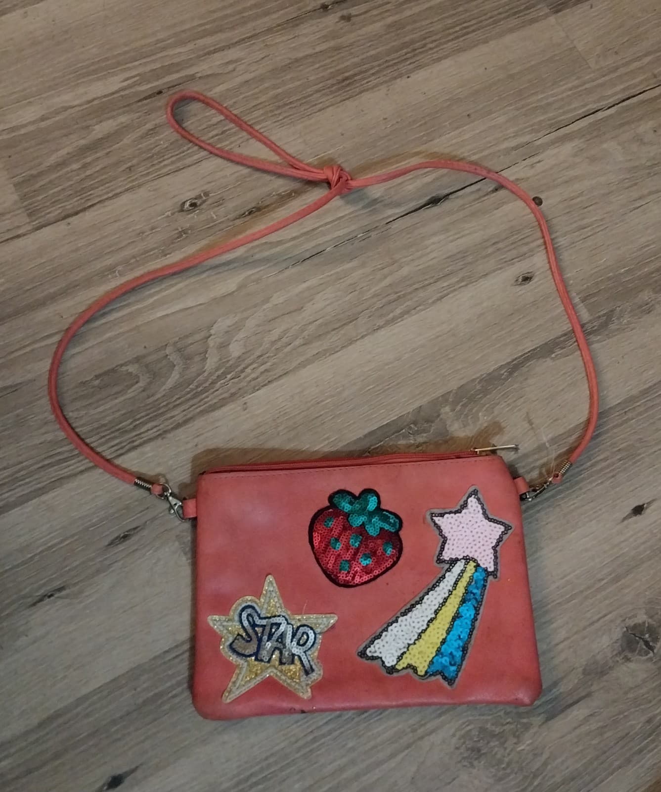 Clutch with sequin strawberry star patches Faux Leather zipper closure - Image 1