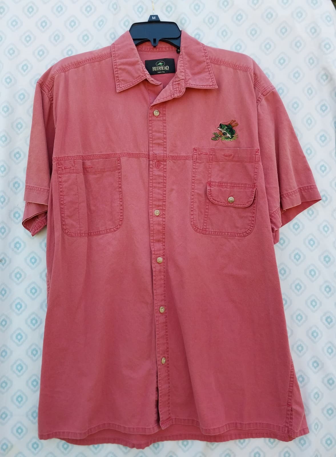 RedHead Mens Short Sleeve Button Up Shirt Size Large Fish Embroidery Red Clay - Image 1