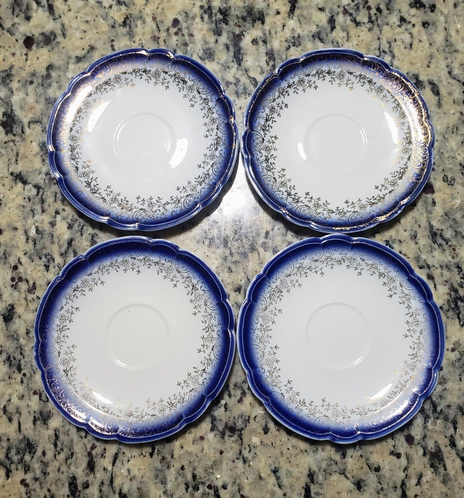 4 French Saxon Saucer Plates-Flow Blue with 22kt. Gold accent - Image 1