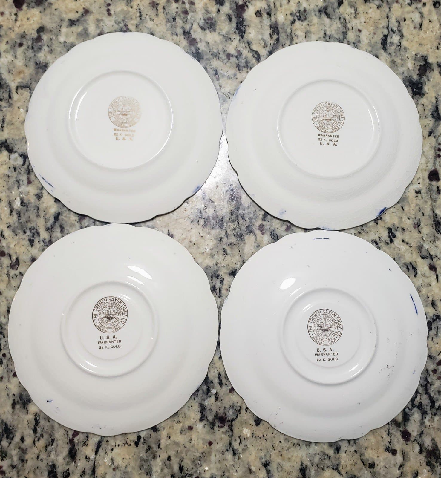 4 French Saxon Saucer Plates-Flow Blue with 22kt. Gold accent - Thumbnail 2