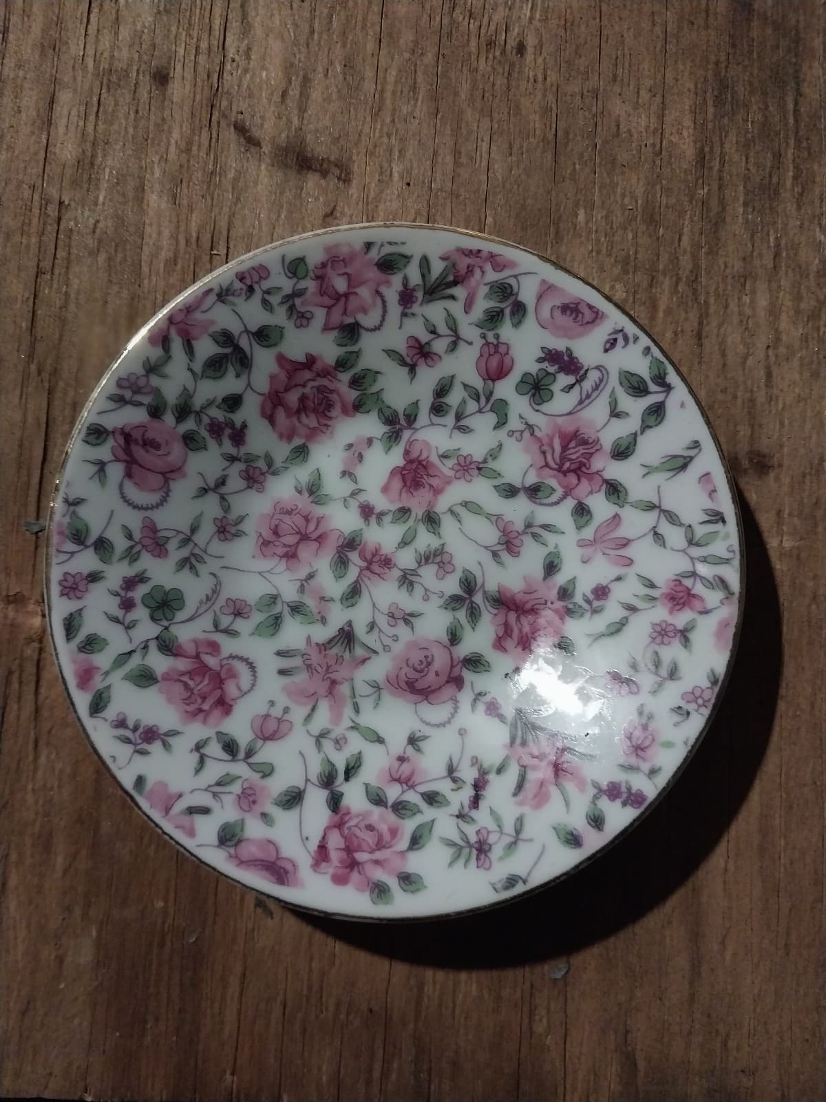 Vintage Chintz Rose Pink Green Gold Rimmed 4.5" Plate Japan - Image 1