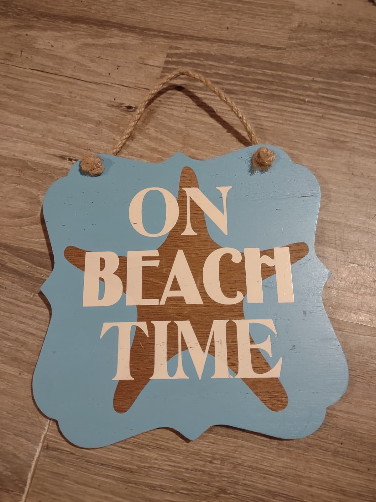Beach Starfish "On Beach Time" Wood 7" x 7" Sign - Image 1