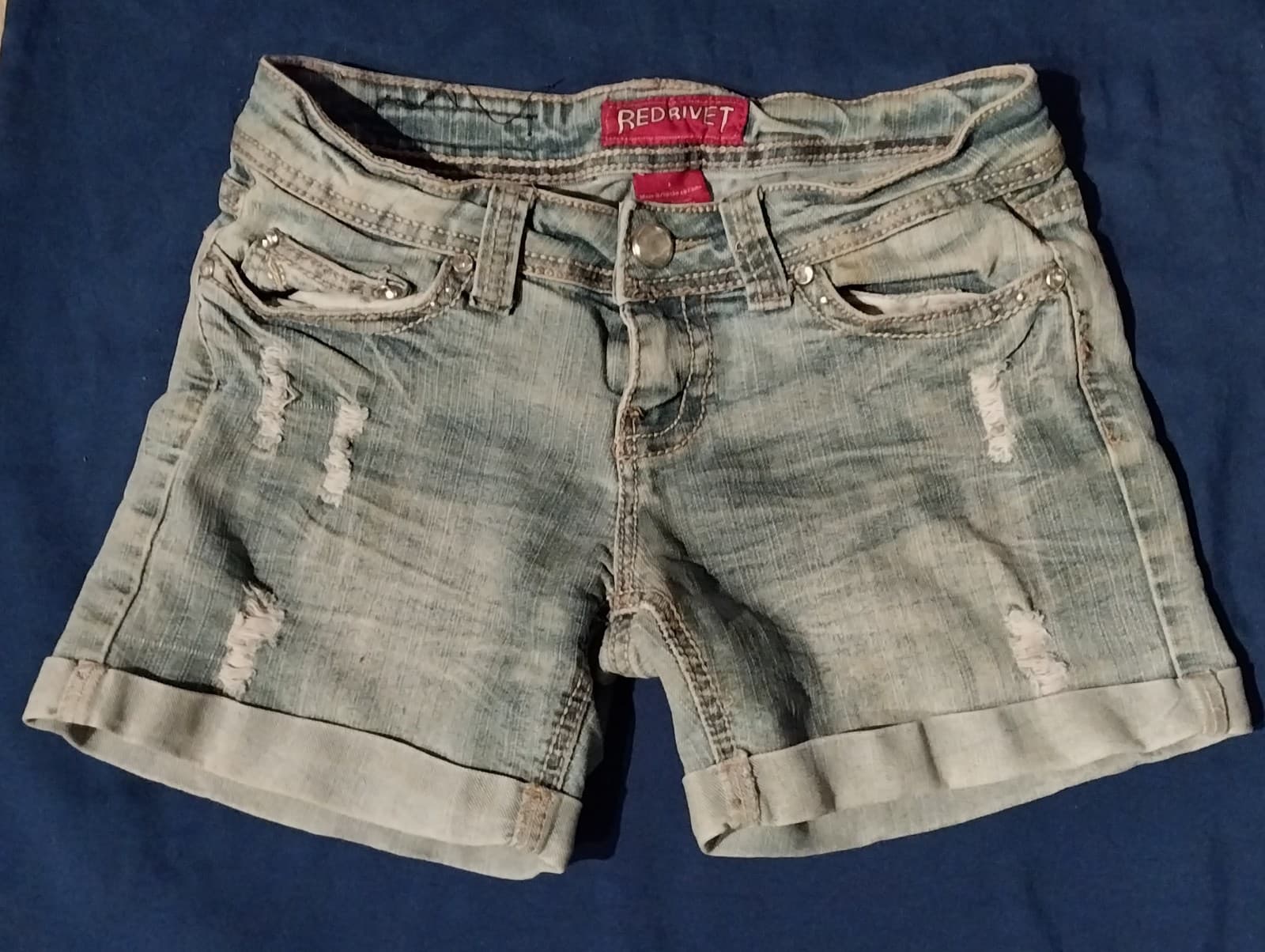 Red Rivet Jean Shorts Women's distressed bedazzled Cutoff shorts size 1 - Image 1