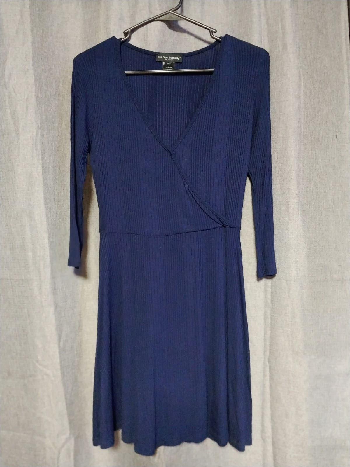 See You Monday Los Angeles Blue Faux Wrap Dress Size S 3/4 Sleeve Stretch - Image 1