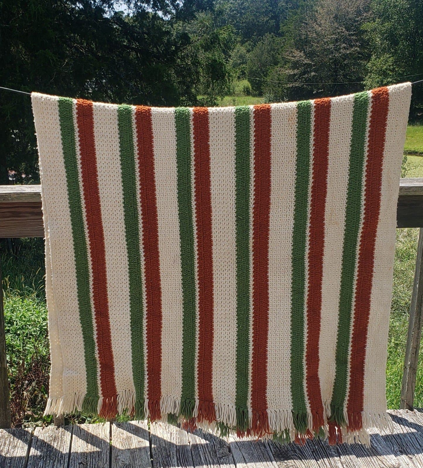 Vintage Crochet Afghan Multicolored Striped Throw Blanket 80x44 - Image 1