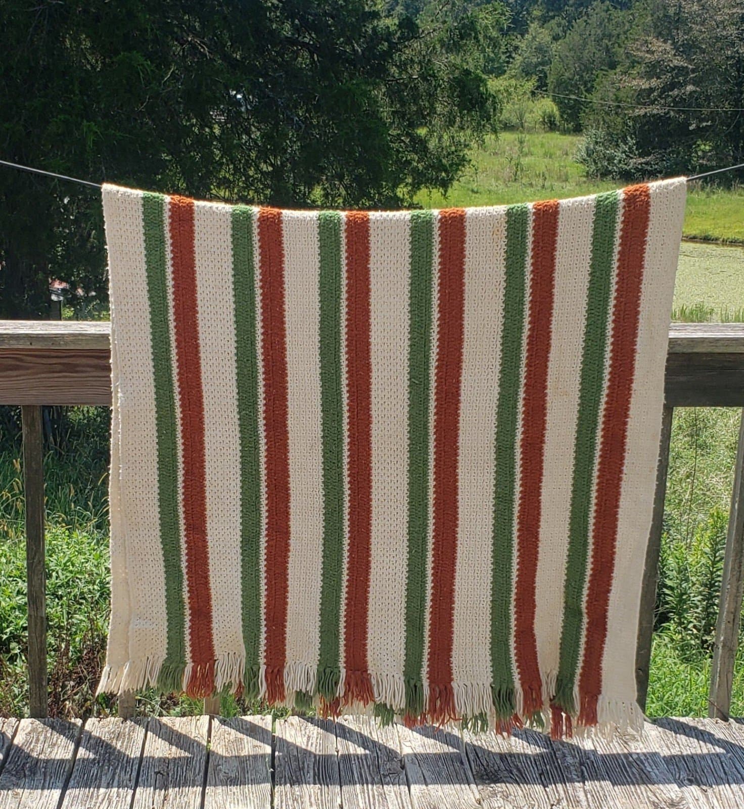 Vintage Crochet Afghan Multicolored Striped Throw Blanket 80x44 - Thumbnail 2