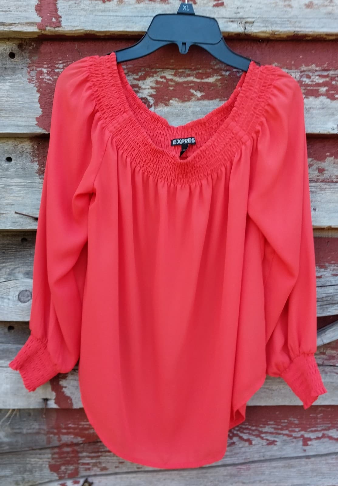 Express Smock Off the Shoulder Orange Blouse Long Sleeve Chiffon SMALL - Image 1