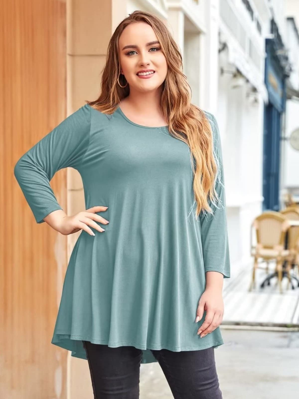 LARACE Plus Size Grayish Green Top Long Sleeve Shirt.Swing Flowy Loose Fit. - Thumbnail 2
