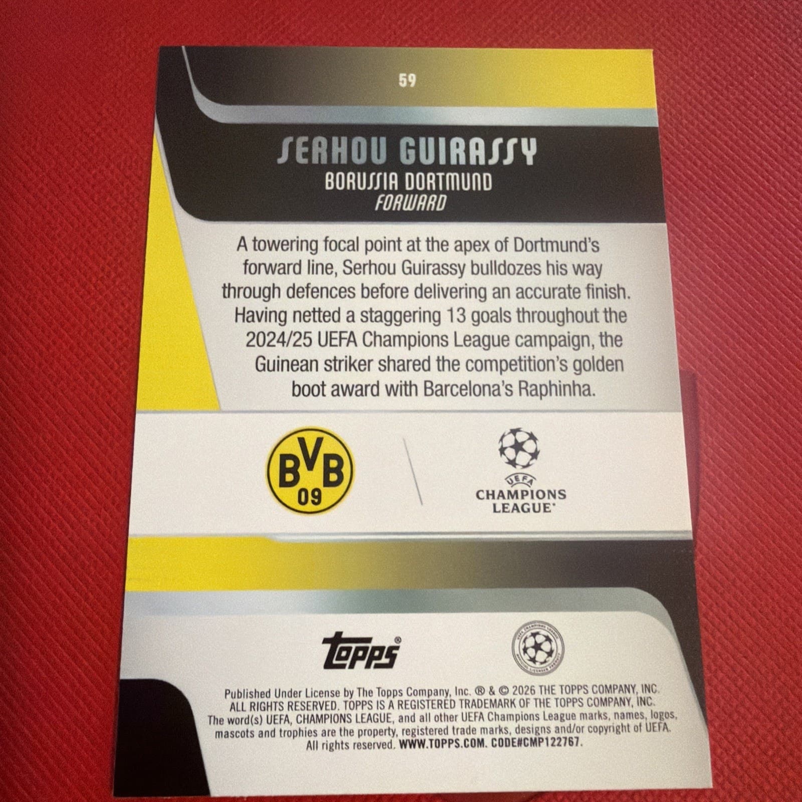 Topps 2024/25 Serhou Guirassy #59 Borussia Dortmund UEFA Champions League Soccer - Thumbnail 6