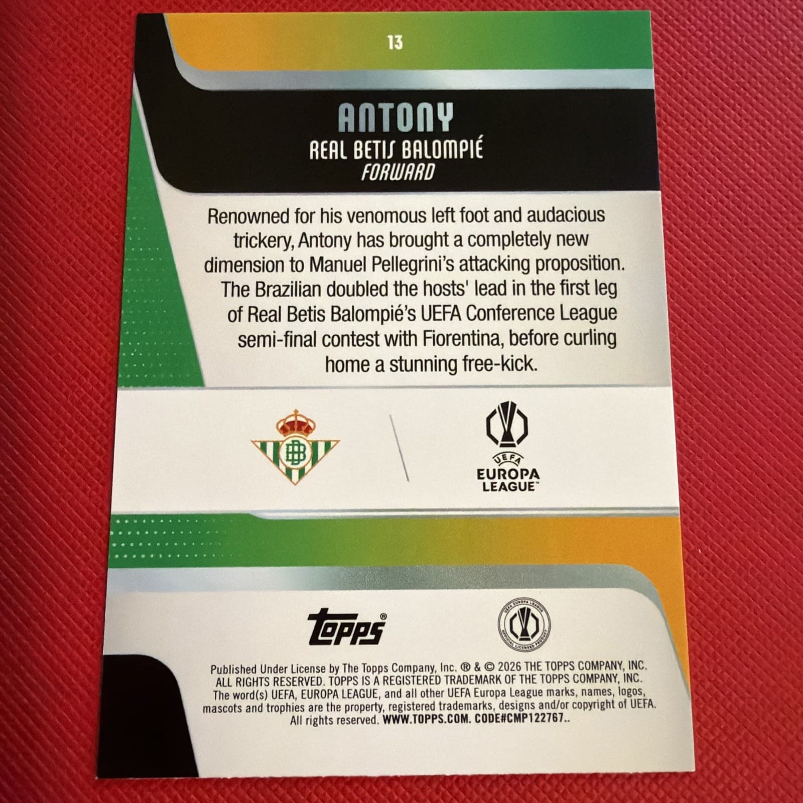 2025-26 Topps FLAGSHIP UEFA Club Competitions #13 Antony, Real Betis Balompié - Thumbnail 2