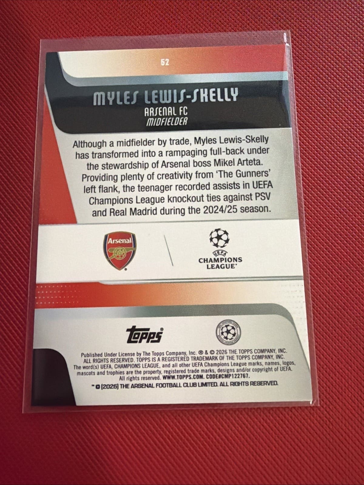 Topps Myles Lewis-Skelly Arsenal #52 UEFA Champions League 2026 Soccer Card - Thumbnail 2