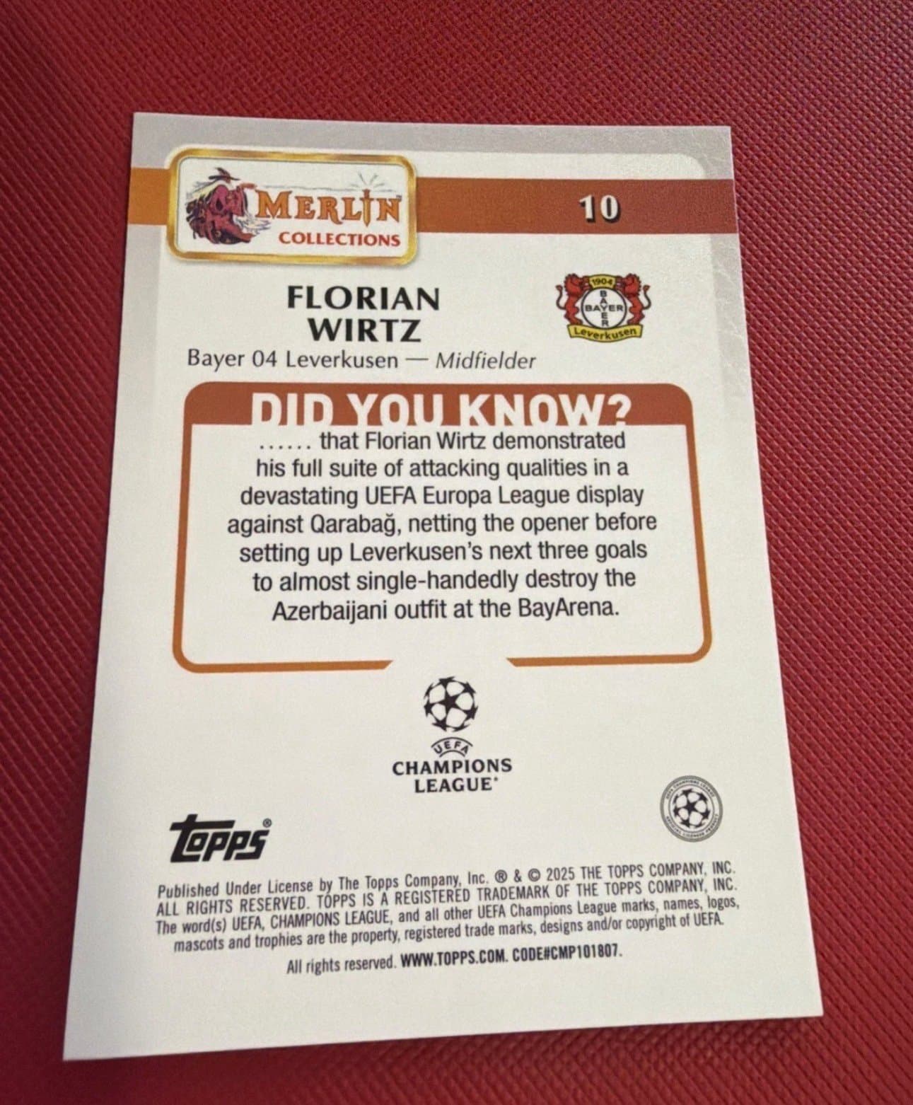 Florian Wirtz White Bayer 04 Leverkusen Topps UEFA Merlin 2025 - Thumbnail 2