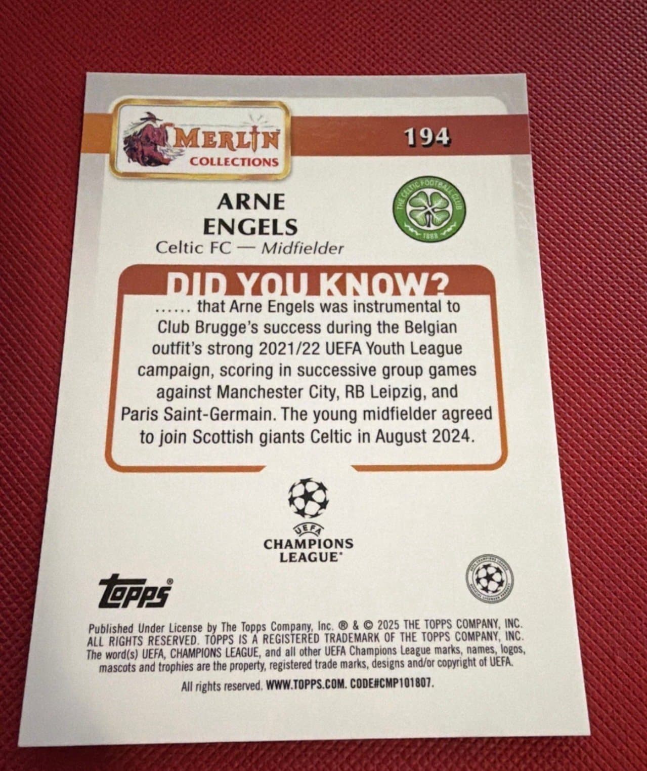 2024-25 Merlin UEFA Club Comp ARNE ENGELS #194 - Thumbnail 2
