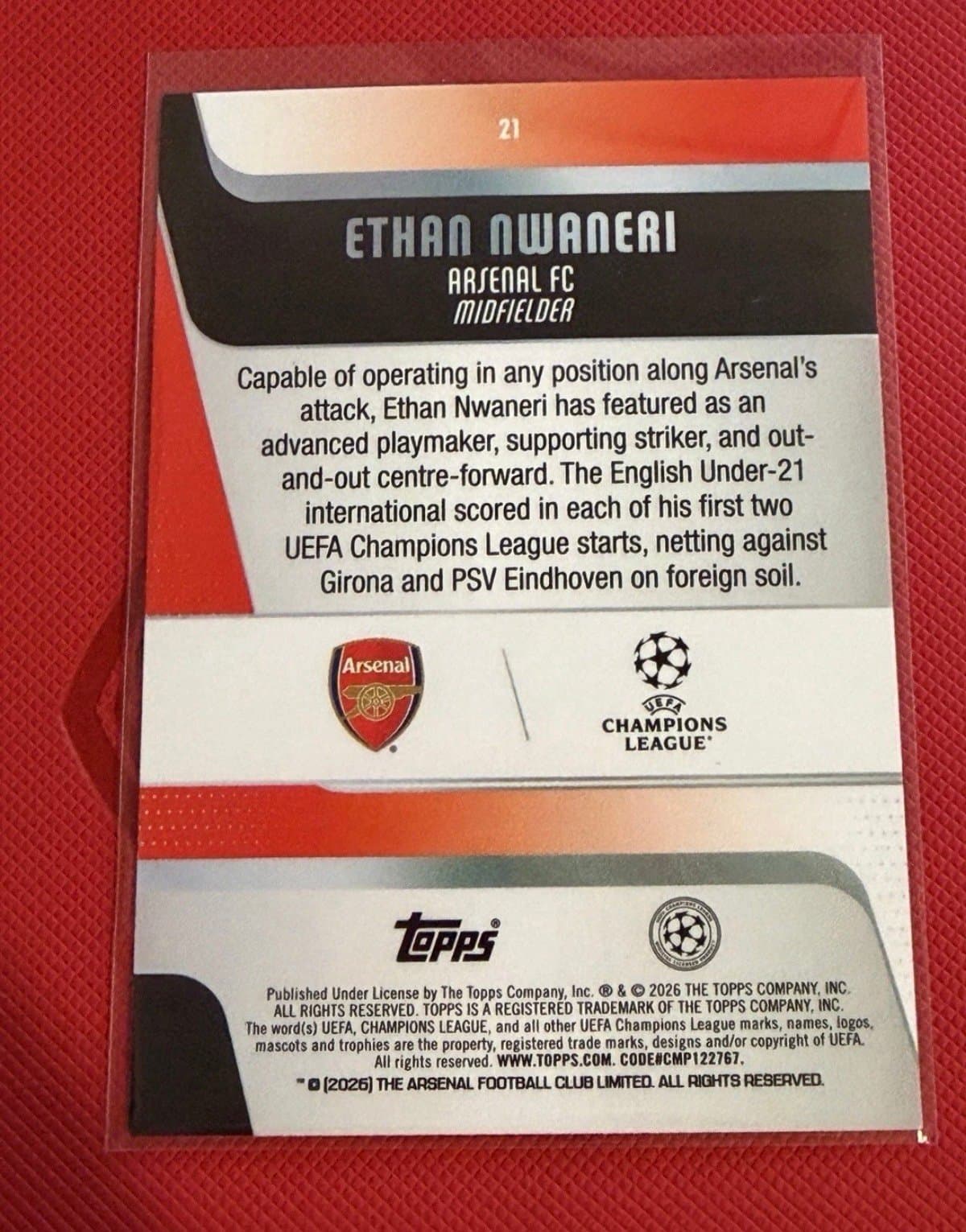 2025-26 Topps UEFA UCL Ethan Nwaneri Future Stars Purple Sparkle - Arsenal - Thumbnail 2
