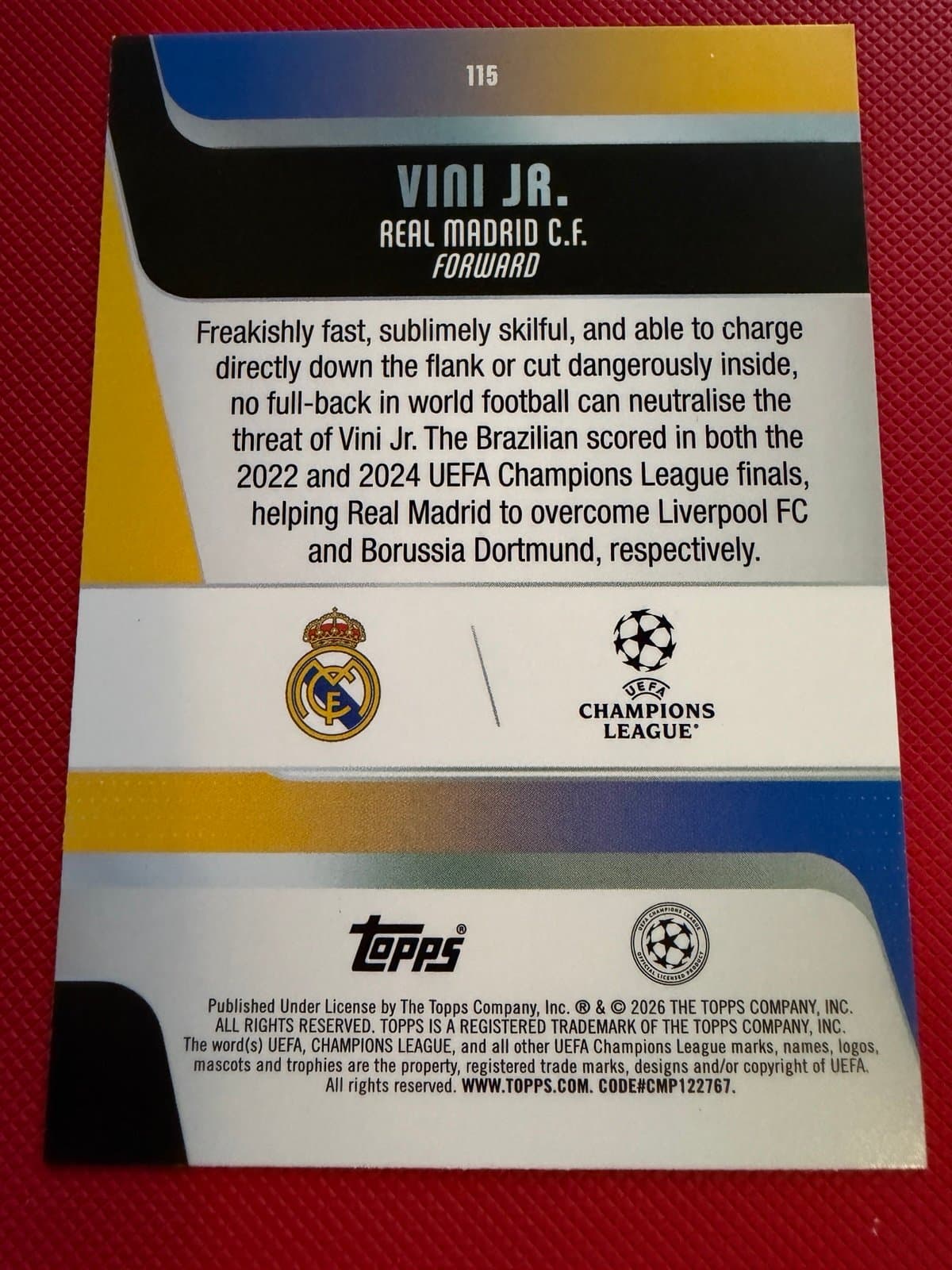 Topps VINI JR. Real Madrid #115 UEFA Champions League 2026 Soccer Card - Thumbnail 2