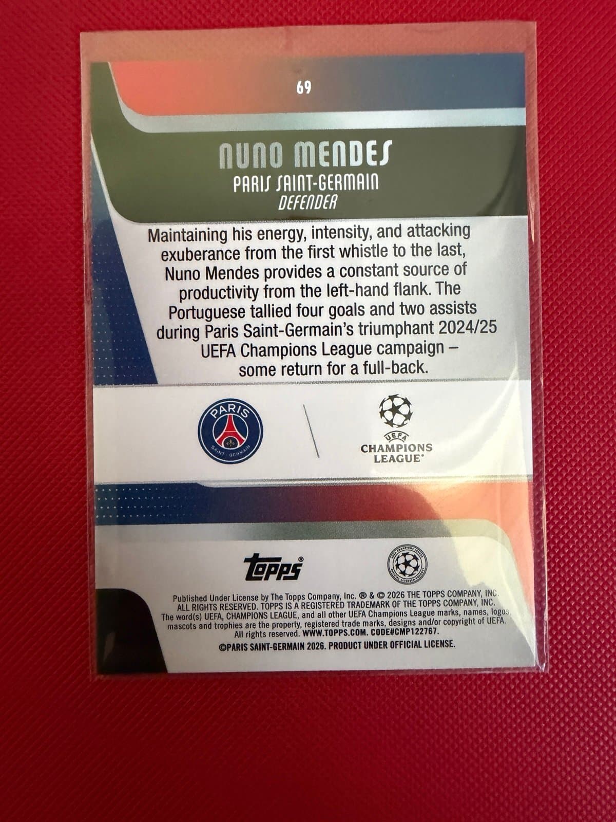 2025-26 Topps UCC- Nuno Mendes #69 UCL Team Of The Season PSG - Thumbnail 4
