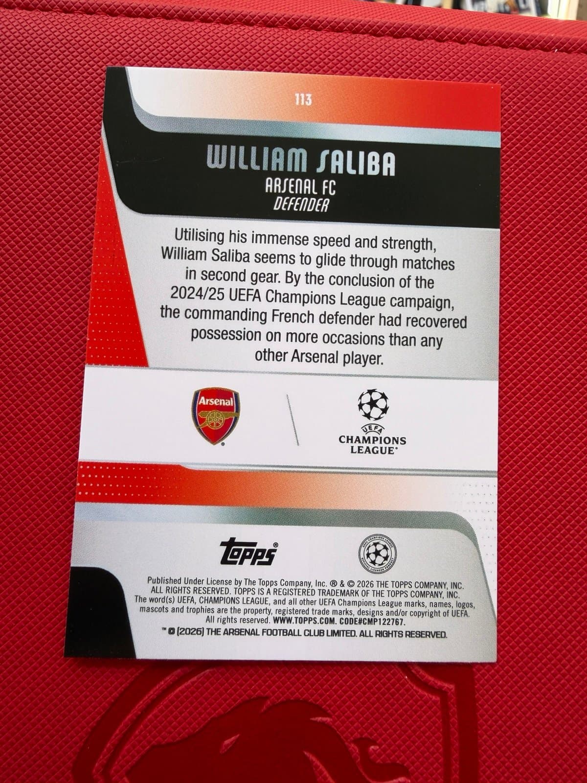 Topps William Saliba Uefa Champions League Arsenal no.113 - Thumbnail 2