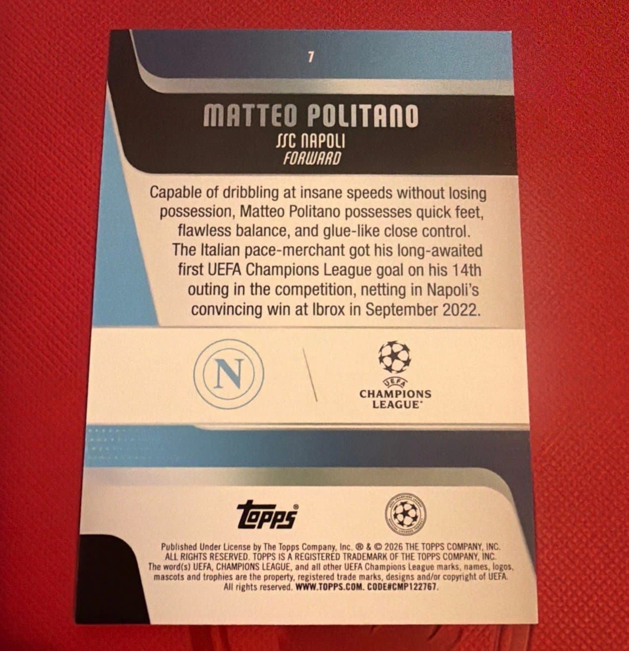 2025-26 Topps UEFA Club Competitions Matteo Politano 7 Napoli - Thumbnail 2