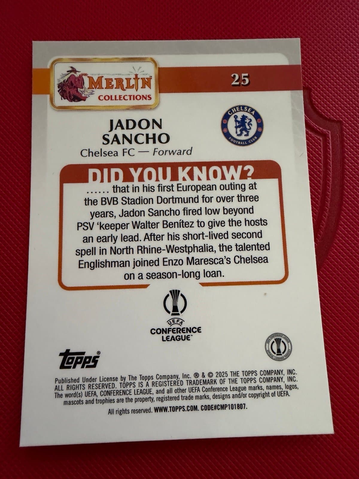 2025 Topps Merlin UEFA Conference League Jadon Sancho Chelsea FC Base #25 - Thumbnail 3