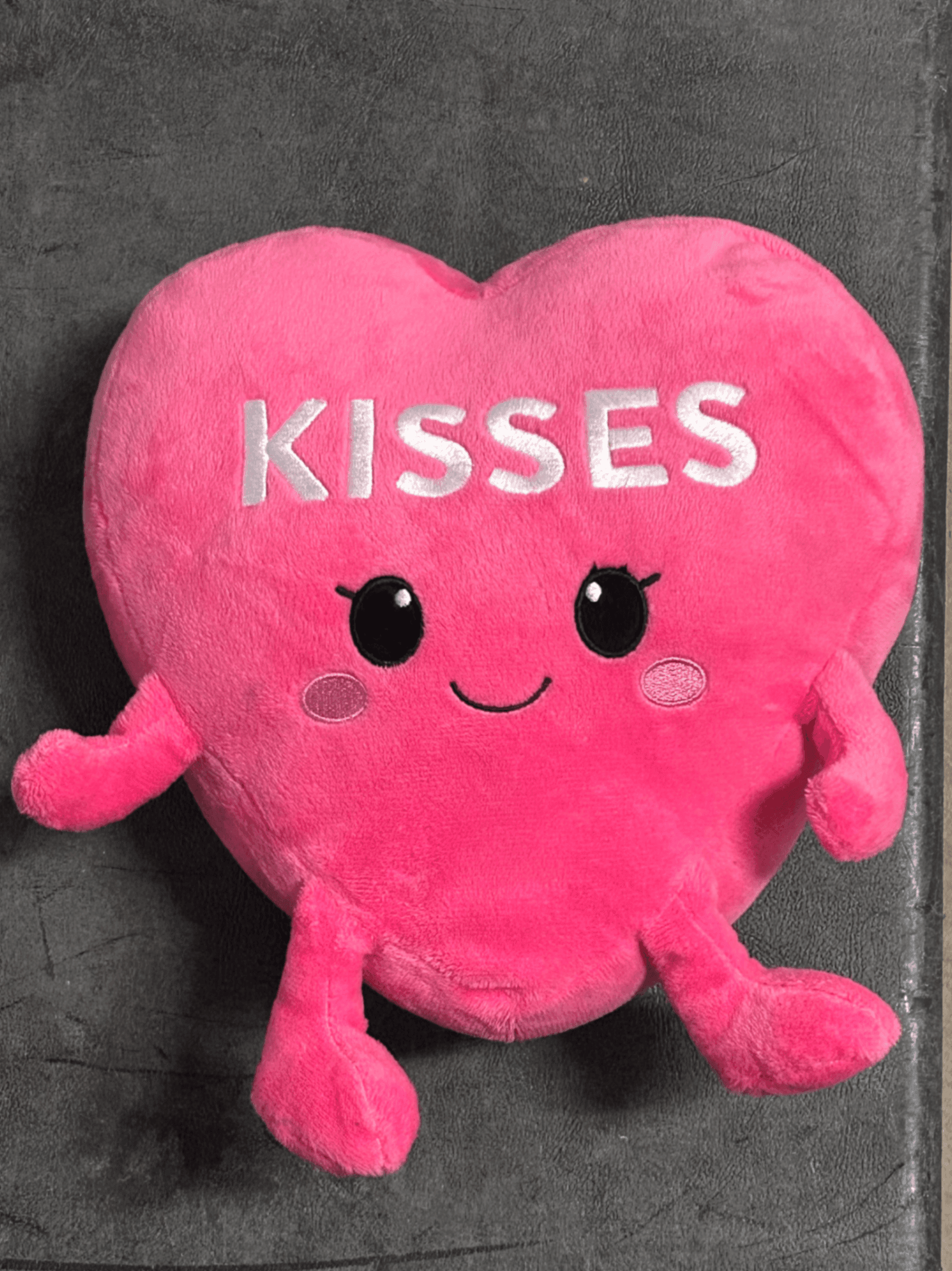 Pink Heart Plush Pillow with 'Kisses' Embroidery - Image 1