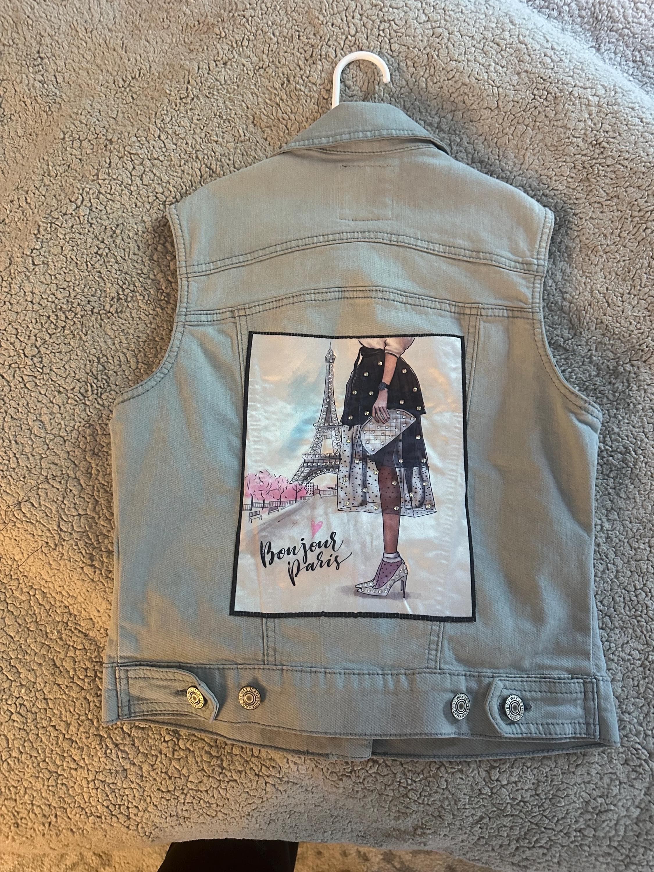 Grey denim vest with Paris on back - Image 1