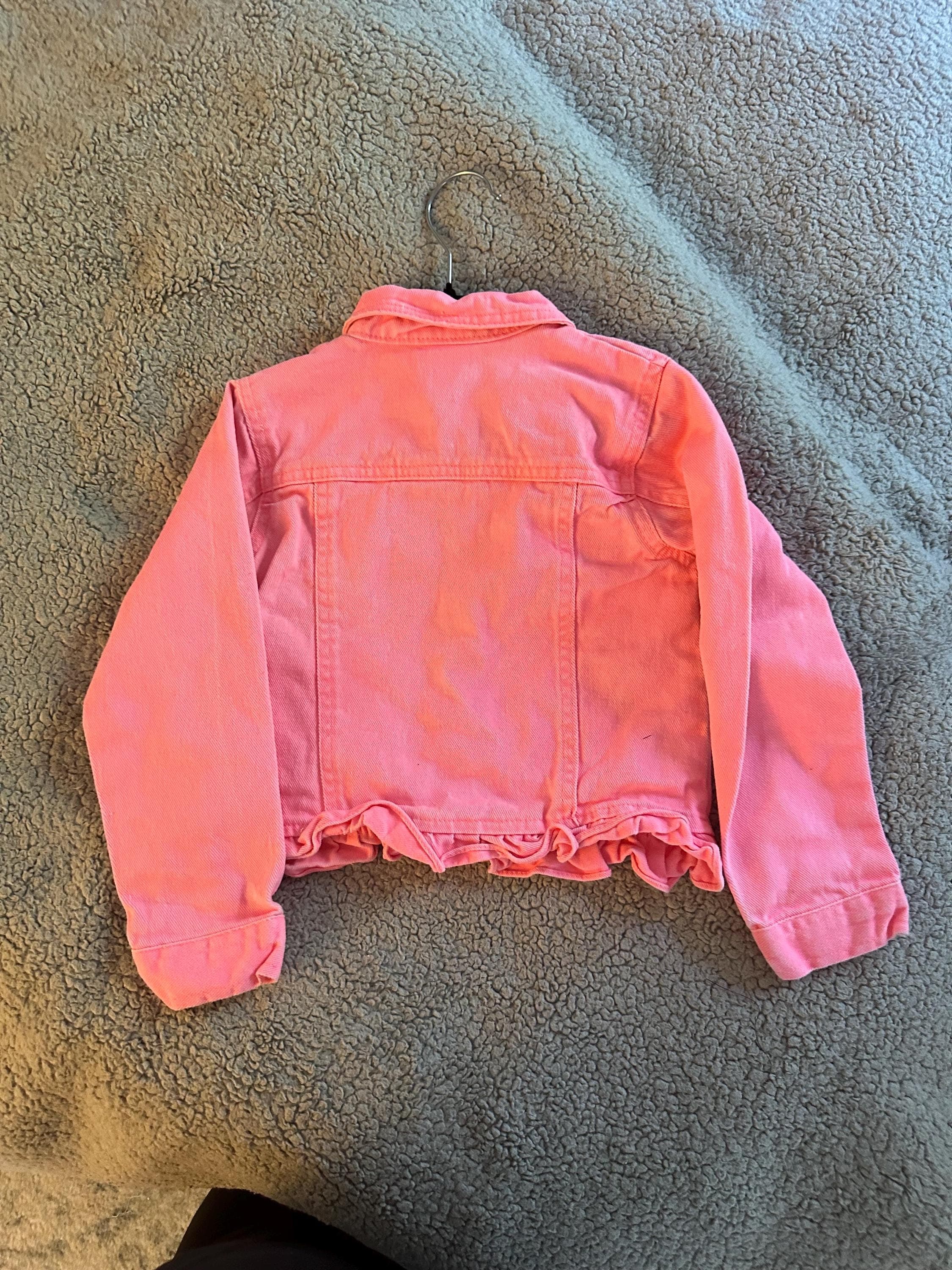 Pink denim jacket with a crocheted patch on front Size Youth 6 - Thumbnail 2