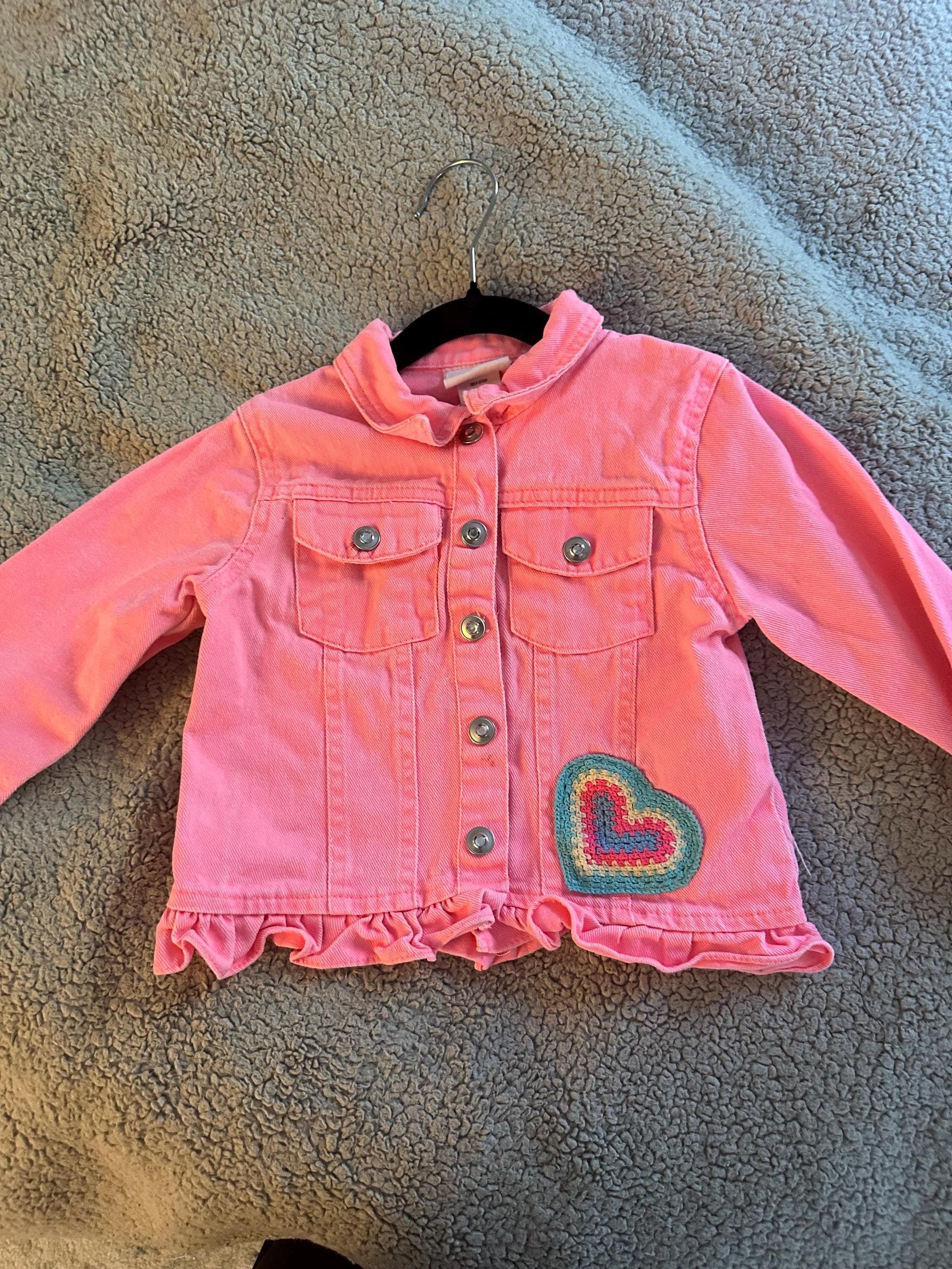 Pink denim jacket with a crocheted patch on front Size Youth 6 - Image 1