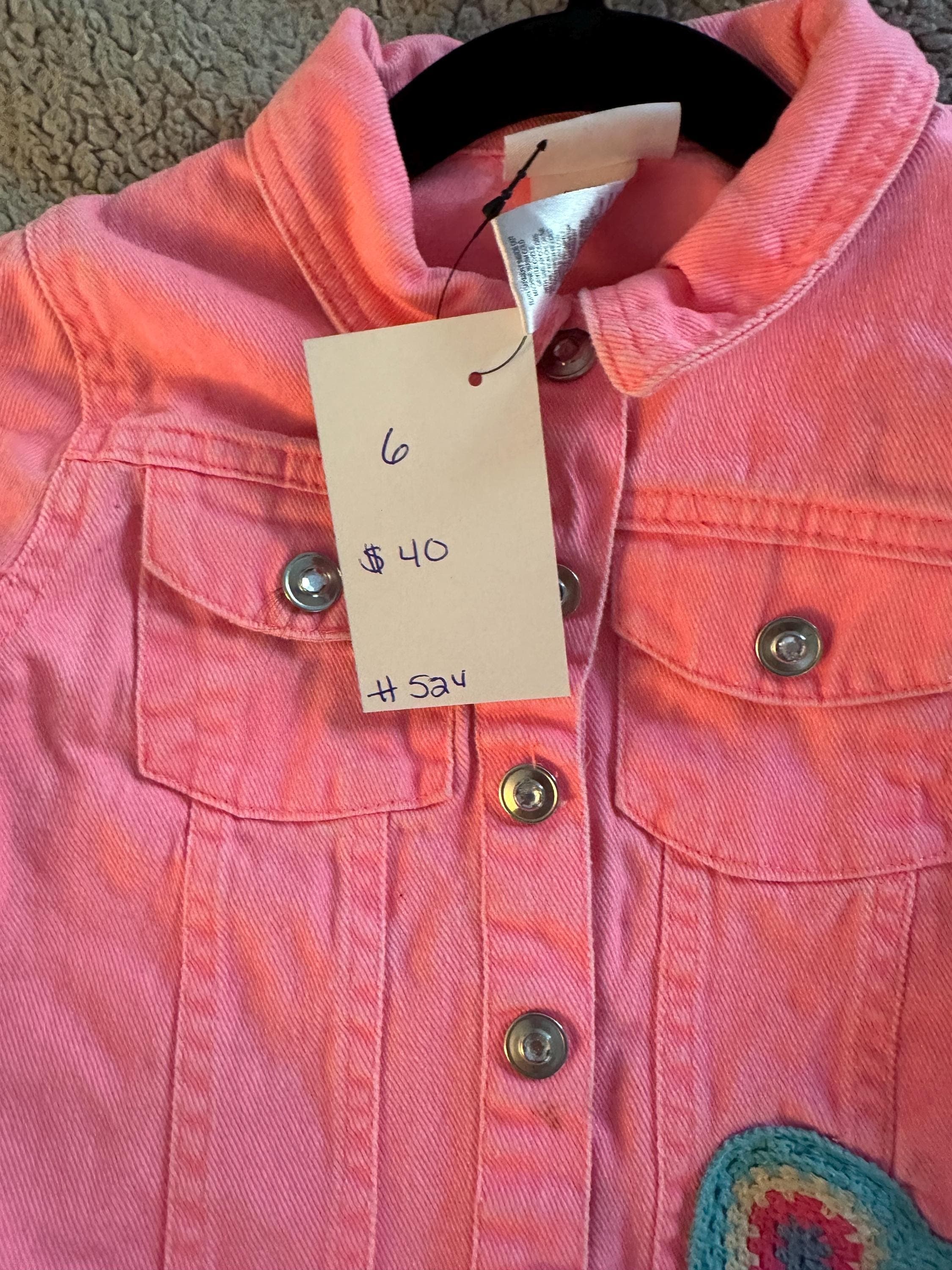 Pink denim jacket with a crocheted patch on front Size Youth 6 - Thumbnail 3