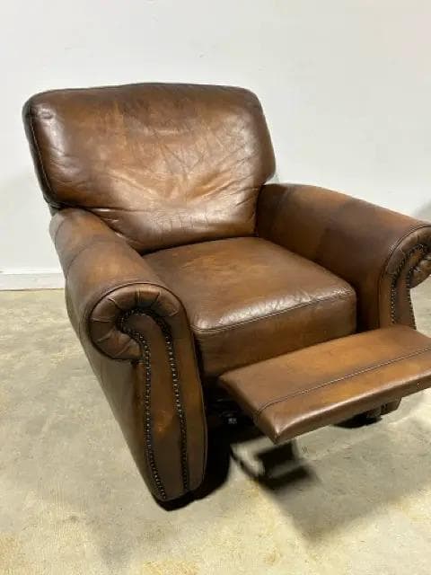 Robinson And Robinson Brown Leather Recliner With Brass Nailheads - Thumbnail 4
