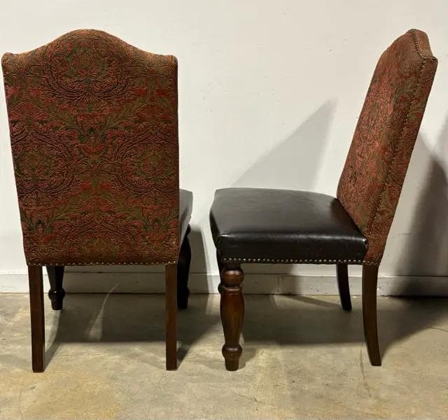 Set Of 2 Brocade Back And Leather Seat Dining Chairs AS IS - Thumbnail 3