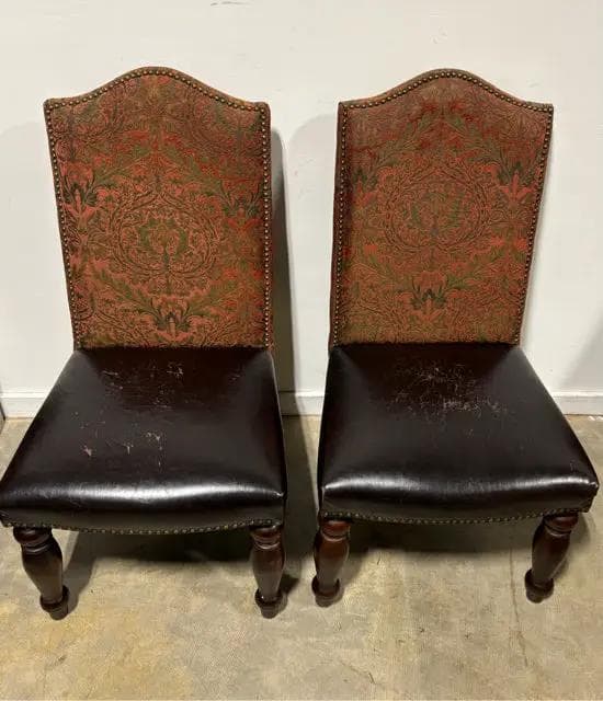 Set Of 2 Brocade Back And Leather Seat Dining Chairs AS IS - Thumbnail 2